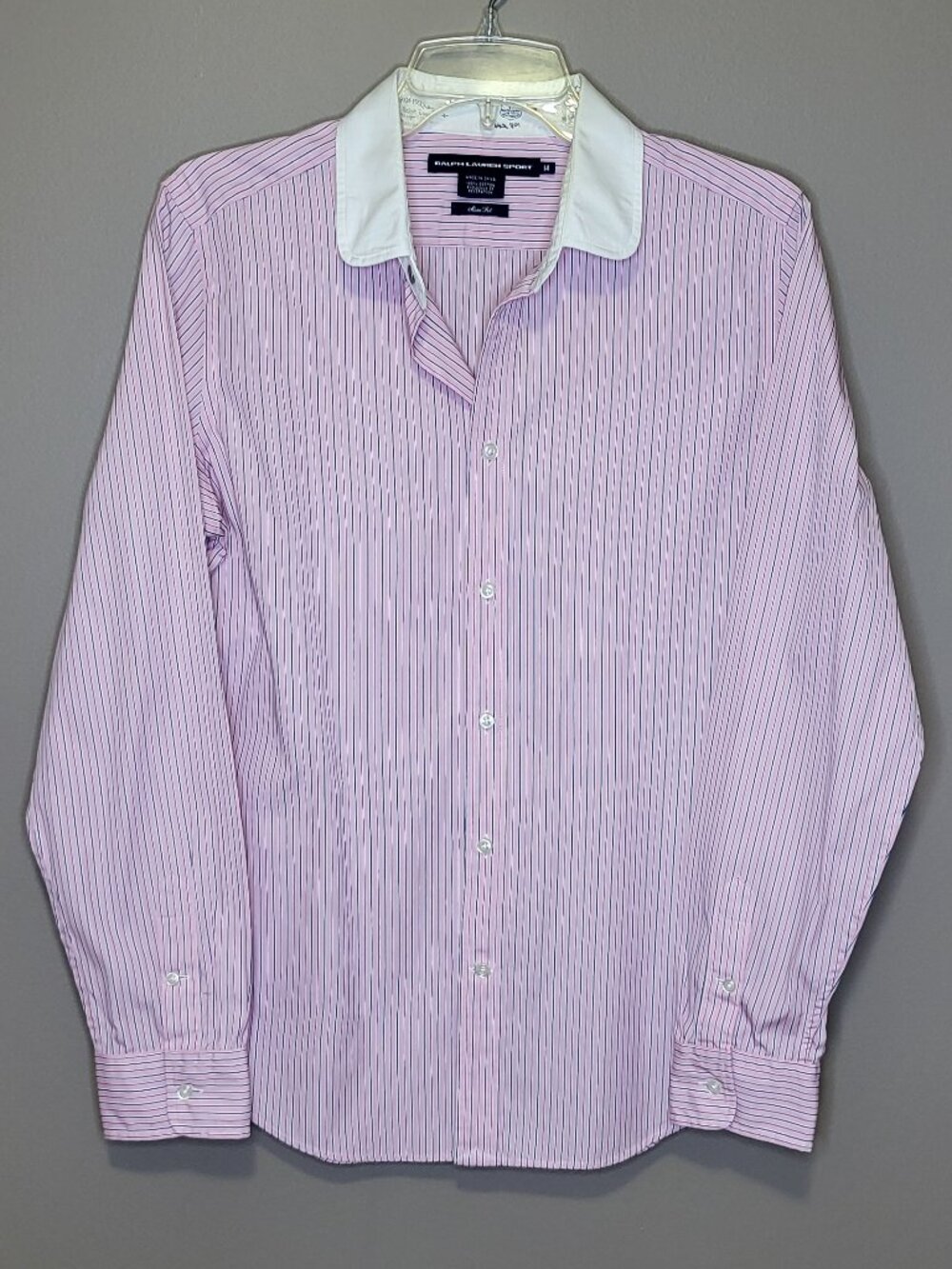 Ralph Lauren Sport Pink Navy Striped Slim Fit Button Down Shirt Size 14 Vintage